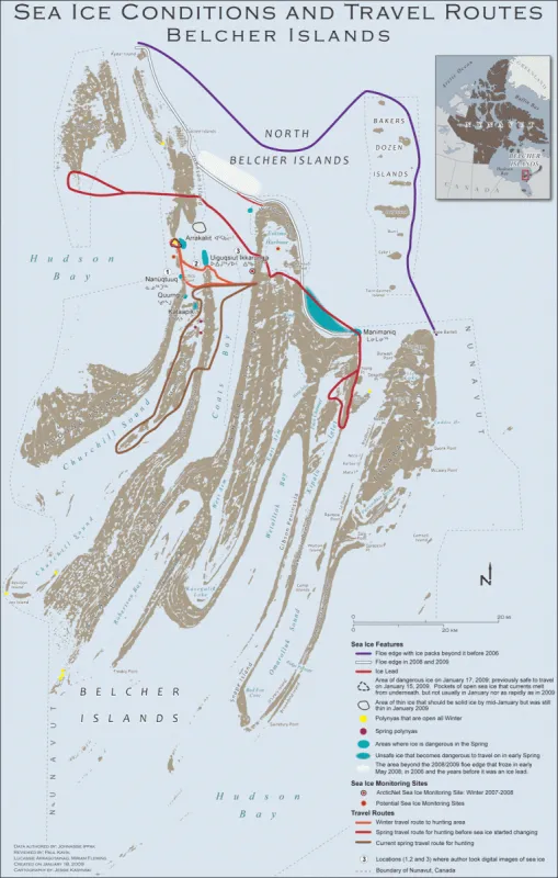 Map of Johnassie Ippak's sea ice observations across the Belcher Islands