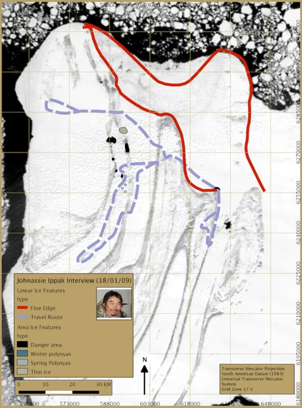 Map of Johnassie Ippak's sea ice observations across the Belcher Islands plus MODIS imagery
