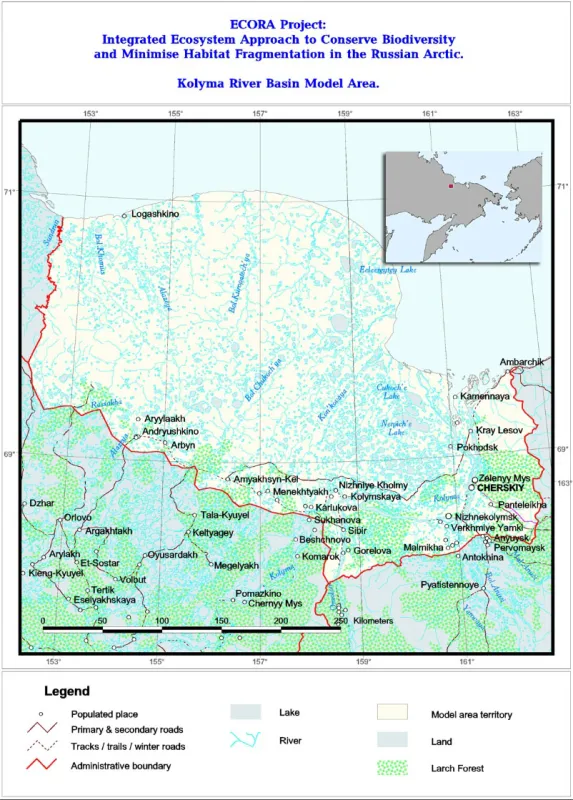  map of Integrated Ecosystem Approach to Conserve Biodiversity and Minimize Habitat Fragmentation in the Russian Arctic (ECORA) project. Kolyma River Basin Model Area.