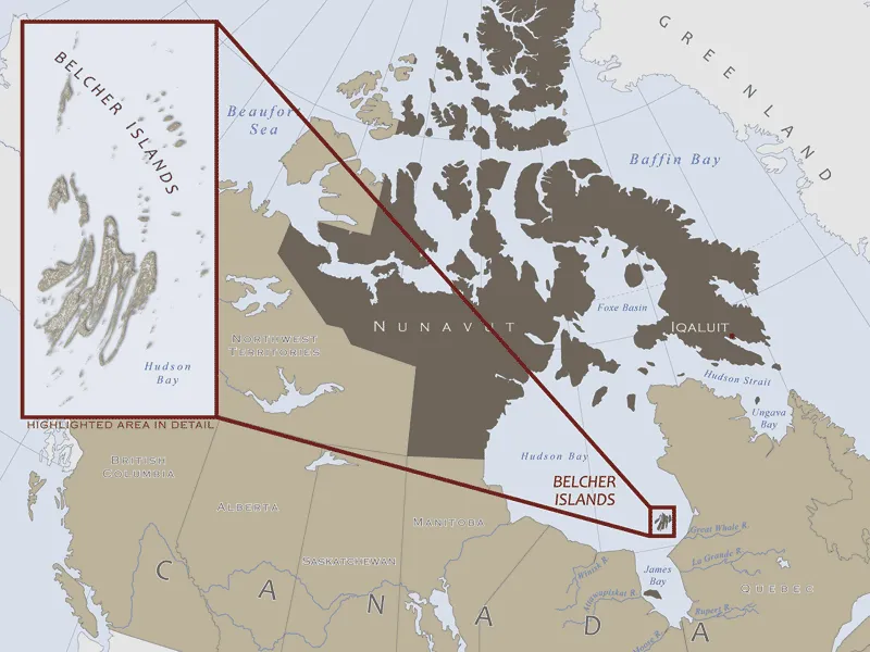 Map of Sanikiluaq which is located on the Belcher Islands in Hudson Bay.