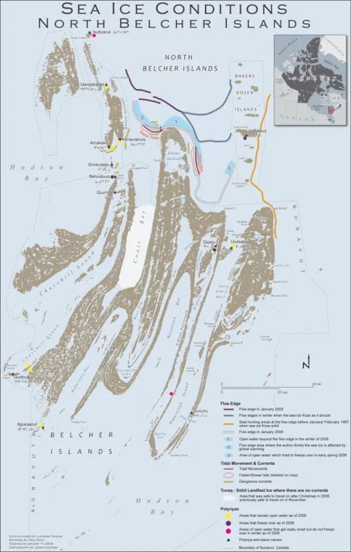 Map of Lucassie Takatak's sea ice observations across the Belcher Islands