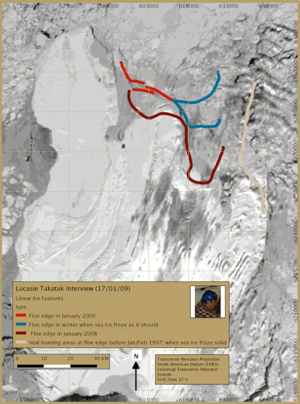 Map of Lucassie Takatak's sea ice observations across the Belcher Islands overlain on a Moderate Resolution Imaging Spectroradiometer (MODIS) satellite image.