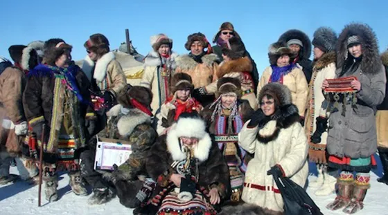 Members of the cultural group “Nerevden” on the Kolyma ice, April 2014.