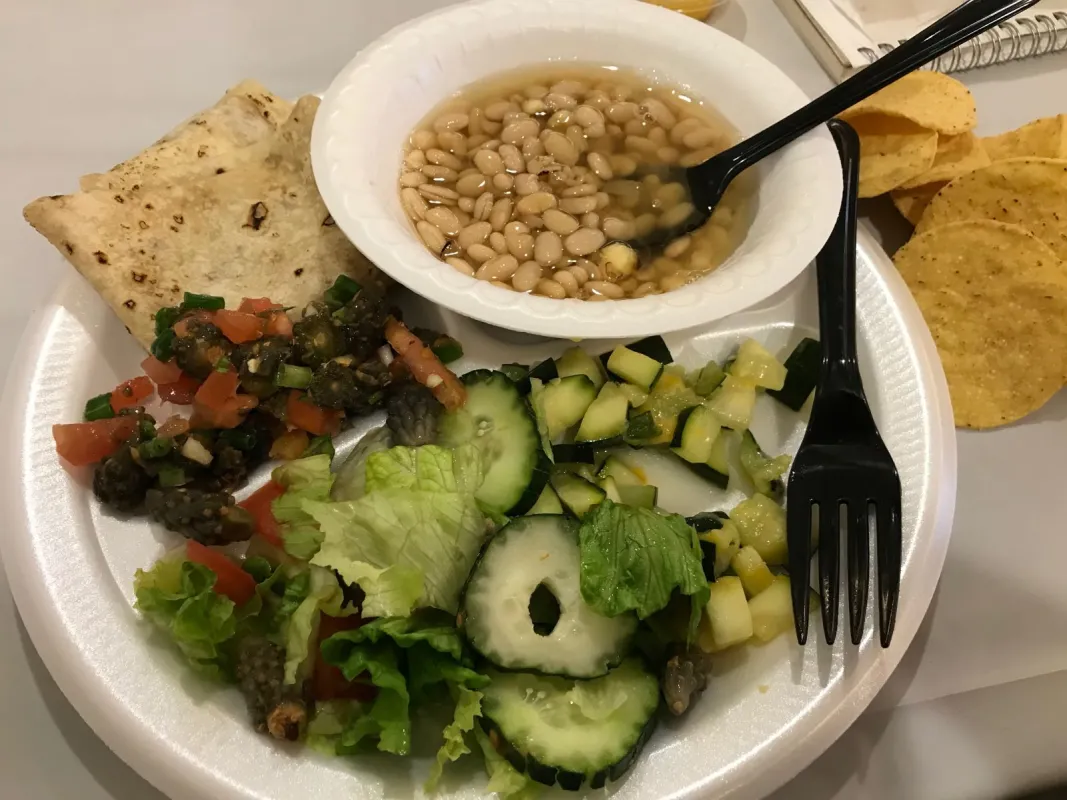  Dinner served at San Xavier Cooperative Farm in Tucson features tepary bean soup and choya bud relish.